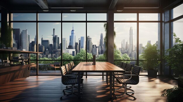 an empty conference room with large windows looking into a city