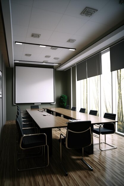 Empty conference room with table over white board in office created using generative ai technology