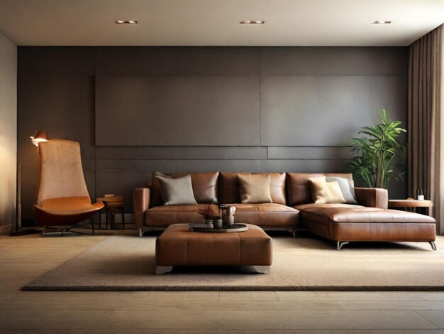 Empty contemporary living room featuring a spacious leather couch