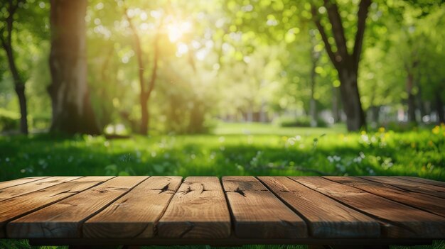 Empty copy space for product display mockup on green blurred nature background with trees and grass in park and a brown wooden table