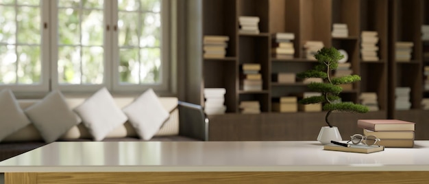 Empty copy space on a white tabletop in a modern luxury living room with a large bookshelf