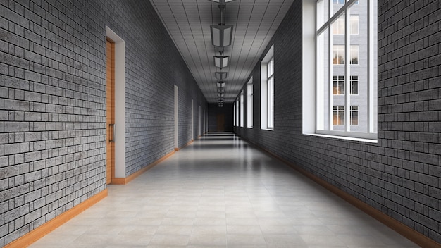 An empty corridor in a 20th-century office building. Gray brick walls, light tile floor. 3d rendering.