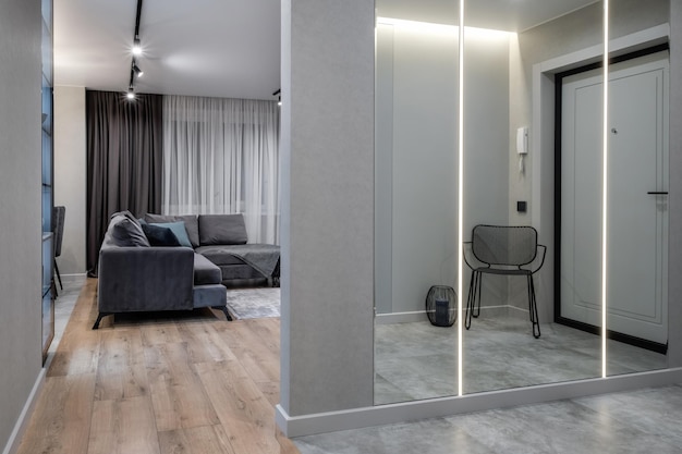 Empty corridor in interior of entrance hall of modern apartments