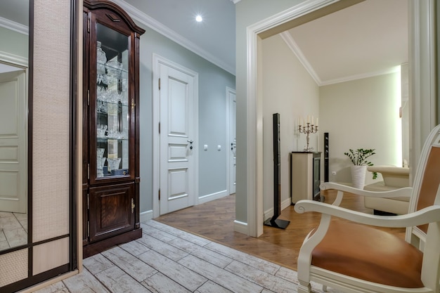 Empty corridor in interior of entrance hall of modern apartments