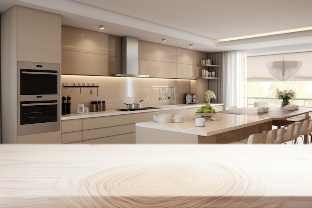 Empty Countertop In The Foreground Against A Modern Beige Kitchen Banner Ready For Product Installation Generative AI