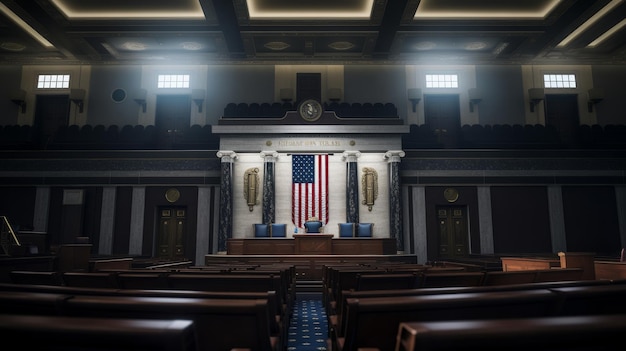 写真 アメリカ国旗が掲げられた空の法廷