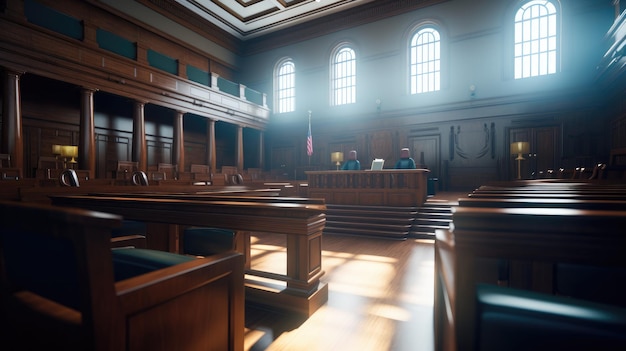 Empty courtroom with view of the jury