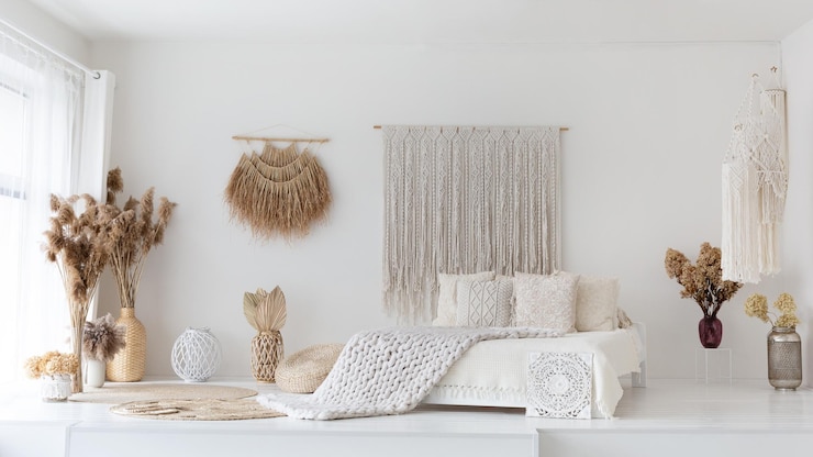 Premium Photo | Empty cozy white bedroom made in ethnic style panorama