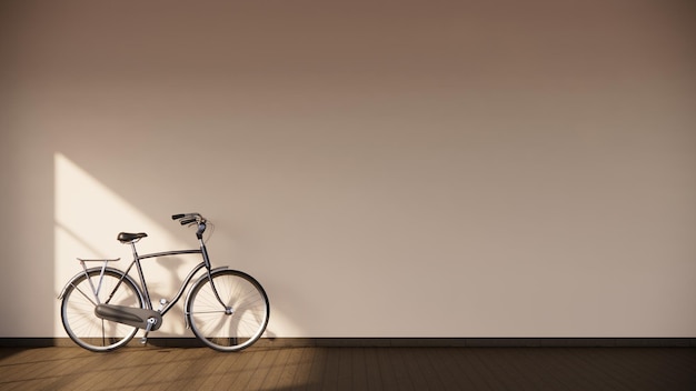 Foto la parete crema vuota ha la bicicletta su un pavimento in parquet di legno 3d rendering