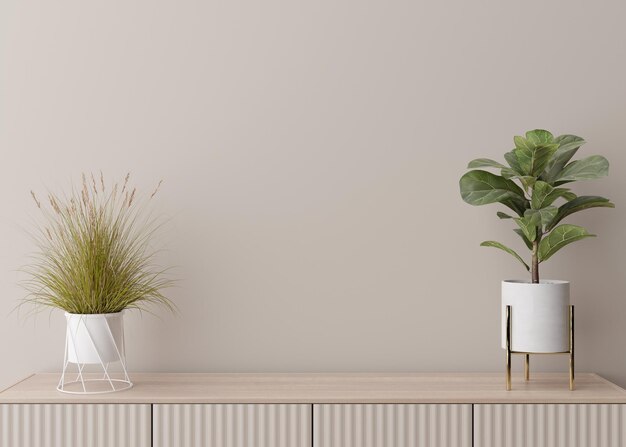 Empty cream wall Mock up interior in contemporary style Close up view Free copy space for your picture text or another design Sideboard plants 3D rendering