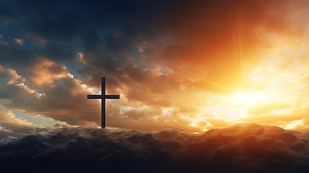 Empty cross of Jesus Christ over dramatic sunrise sky panorama with clouds on Easter