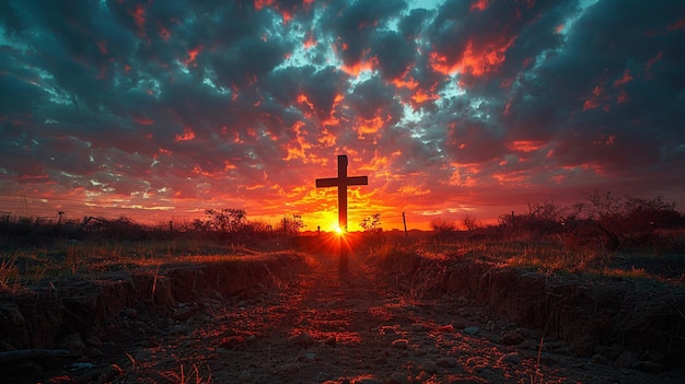 Photo the empty cross silhouetted against fiery wallpaper