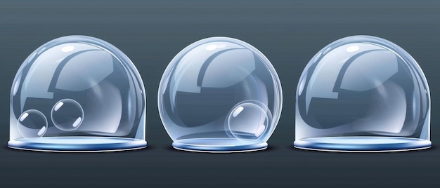 An empty crystal showcase and an empty plexiglass jar container with transparent hemisphere cover A realistic modern illustration set of glossy plastic bubble shields in ball and cylinder shapes