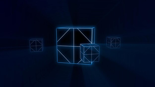 部屋の空の立方体3 d レンダリング抽象的な立方体ワイヤー フレーム ホログラム、光る線と点