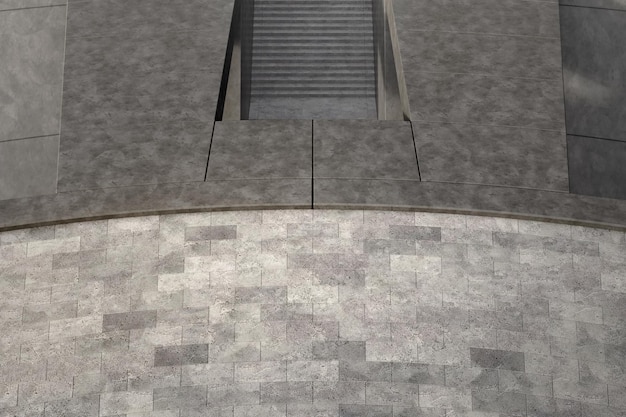 Empty curved concrete floor with stair in top view 3d rendering of abstract space background