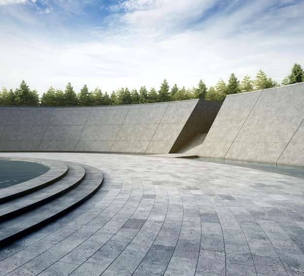 Empty curved concrete floor with water pool 3d rendering of abstract space with blue sky background