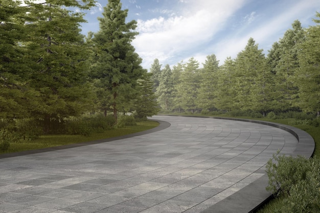 Empty curved concrete path with meadow and tree 3d rendering of abstract space with sky background