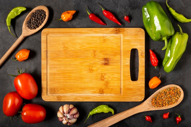 Empty cutting  board on the table with Ingredients for cooking