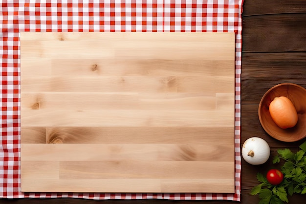 Photo empty cutting board texture background rustical kitchen mock up with tablecloth cloth napkin