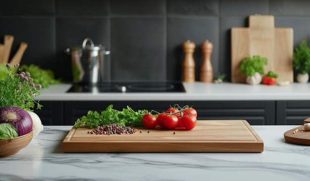 Empty cutting board with ingredients in the kitchen