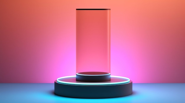 Empty cylinder podium on neon background for product display