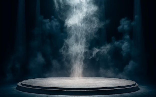 An empty cylindrical product display podium against a dark abstract wall with drifting smoke