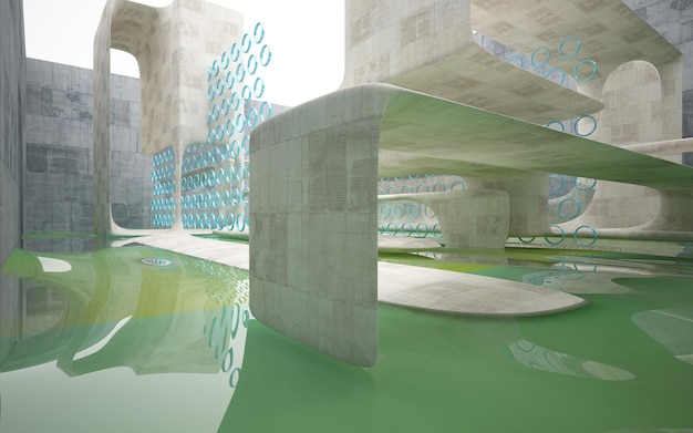 Foto interno liscio concreto astratto scuro vuoto con acqua blu priorità bassa architettonica 3d