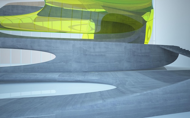 空の暗い抽象的なコンクリートと木材の滑らかなインテリア建築背景 3 d イラスト