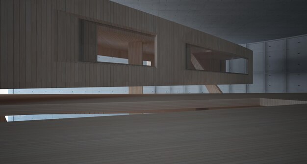 빈 어두운 추상 콘크리트와 나무 부드러운 인테리어 건축 배경 3D 그림