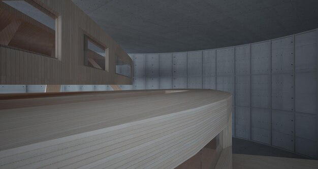 Empty dark abstract concrete and wood smooth interior Architectural background 3D illustration