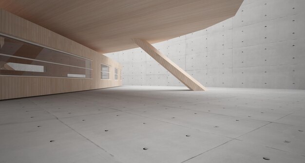 Empty dark abstract concrete and wood smooth interior Architectural background 3D illustration