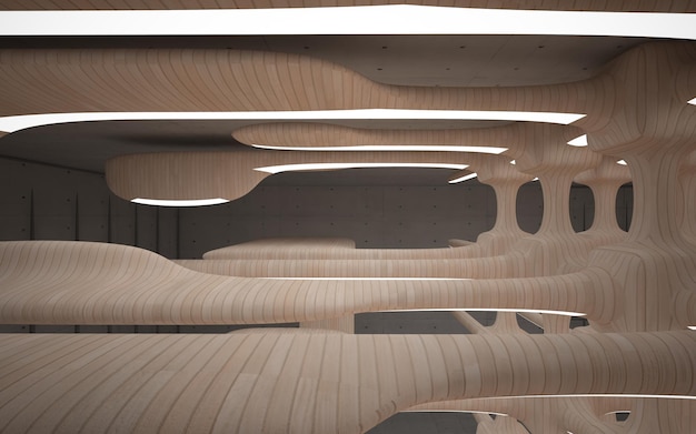 Пустой темный абстрактный бетон и гладкий деревянный интерьер Архитектурный фон 3D
