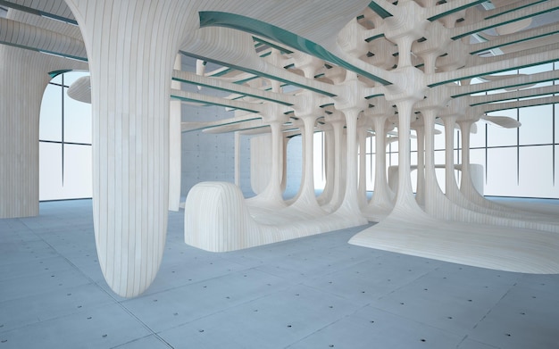 Пустой темный абстрактный бетон и гладкий деревянный интерьер Архитектурный фон 3D