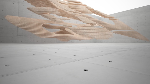 空の暗い抽象的なコンクリートと木材の滑らかなインテリア建築背景 3 d