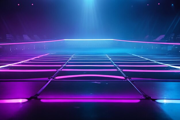 Empty dark abstract glow of neon lights on an empty concert venue geometric shapes neon lights background