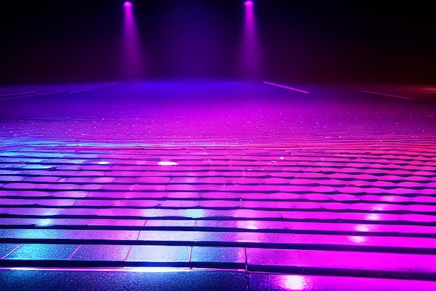 空の暗い抽象 空のコンサート会場のネオンライトの輝き 幾何学的な形状 ネオンライトの背景