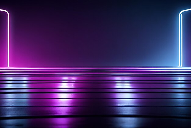 Empty dark abstract glow of neon lights on an empty concert venue geometric shapes neon lights background