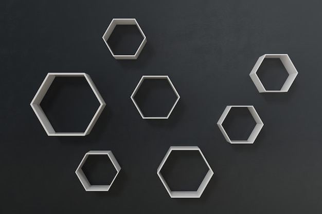 Empty dark or black wall with hexagon shelves on the wall, 3D rendering