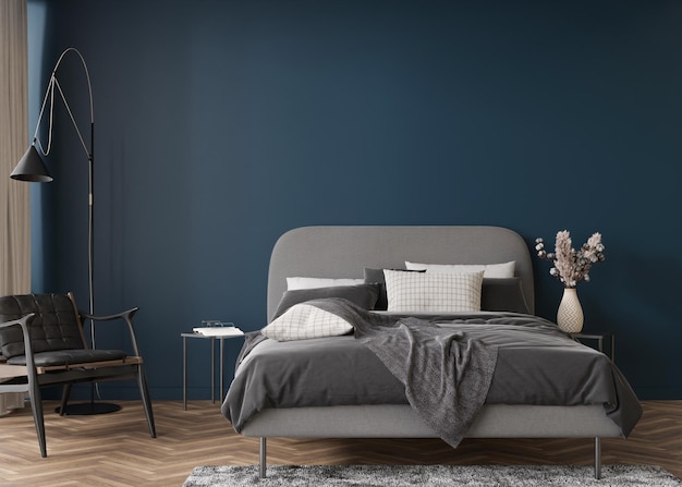 モダンで居心地の良いベッドルームの空の紺色の壁現代的なスタイルのインテリアをモックアップあなたの写真のテキストや別のデザインのための無料のコピースペースベッドの花瓶のアームチェア3Dレンダリング