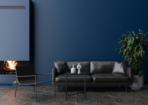 Empty dark blue wall in modern living room Mock up interior in contemporary style Free space for picture poster Leather sofa armchair fireplace plant 3D rendering