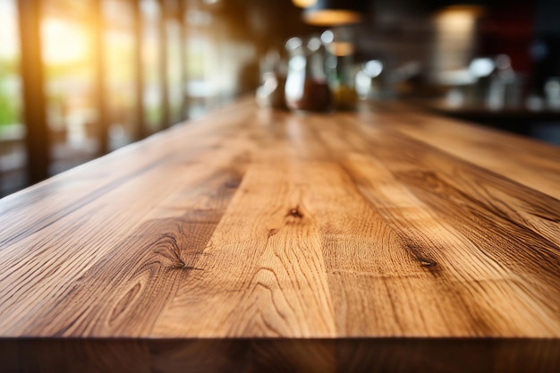 Empty Dark Brown Wood Table Top with Blur Bokeh Interior Clean and Bright for Product Placement