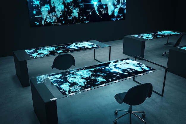 벽과 책상에 대화형 스크린이 있는 빈 어두운 내부 미래 및 기술 개념 3D 렌더링