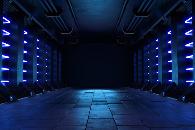 Empty dark room, Modern Futuristic Sci Fi Background. 3D illustration