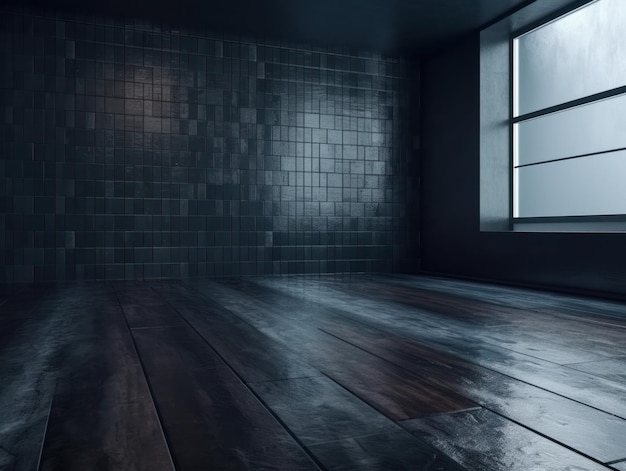 Empty dark room with concrete floor and black wall Created with Generative AI technology