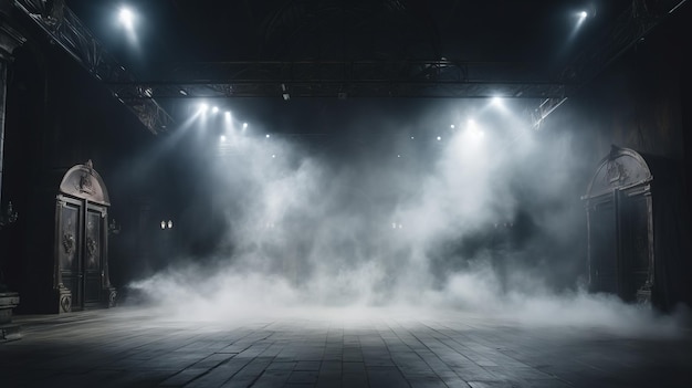 empty dark stage transformed with mist fog and brown spotlights perfect for showcasing artistic works and products Generative AI