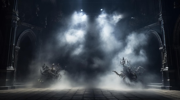 Пустая темная сцена, преобразованная туманным туманом и коричневыми прожекторами, идеально подходит для демонстрации художественных работ и продуктов.