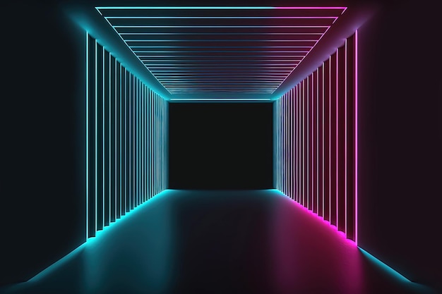 Empty dark tunnel illuminated by neon tube lights generative AI