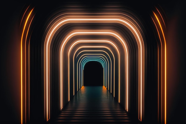 Photo empty dark tunnel illuminated by neon tube lights.