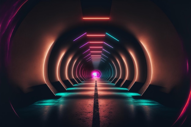 Empty dark tunnel illuminated by neon tube lights.