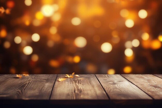 Empty dark wood table top with blurred bright Thanksgiving background AI generated illustration
